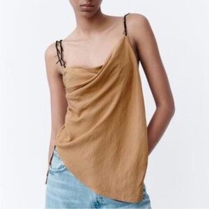 NWT! ZARA Camel Wrap Top! Asymmetrical Beaded Spaghetti Strap Top
